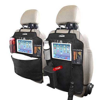 Oasser Seat Back Protector Kick Mats 12.9" I pad Holder 2 Pack XL with 1 Tissue Box Car Seat Organizer Back of Seat Protector Clear 2 Large Car Organizers and Storage