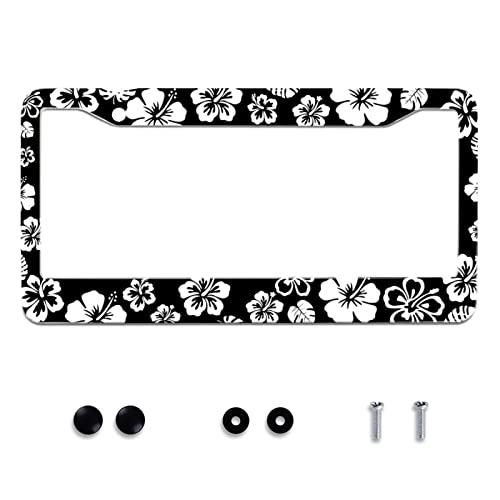 White Hibiscus Hawaii Flowers License Plate Frames Floral Round Hole Personalise License Plate Frame Car Universal Accessories Stainless steel Cars Decor Fits Standard US Vehicles Size 12.2 x 6 Inches - color: Black White Hibiscus