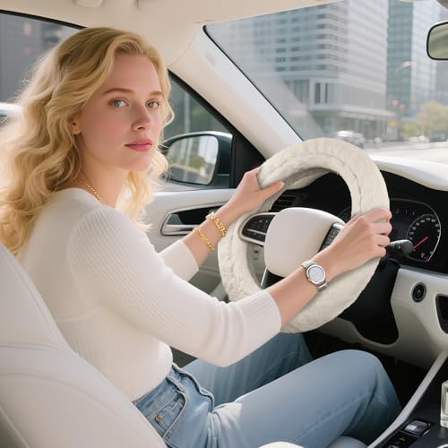Road Comforts Steering Wheel Cover, Fluffy Car Wheel Covers for Women/Girls/Ladies，Soft Wool Fur Steering Wheel Protector, Universal 14 1/2 inches to 15 inches - White - color: White