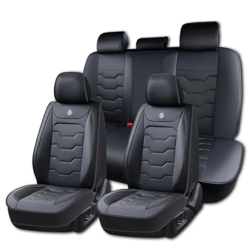 Universal Car Seat Covers, Black, Waterproof Synthetic Leather, Full Set, Non-Slip, Contoured Fit, Fits Most Vehicles, Upgraded Protection for Car Interiors, Airbag Compatible - color: C_Black