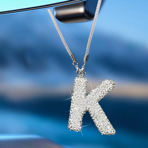 Bling Car Accessories for Women, Letter Charm Rear View Mirror Ornament Cute Hanging Crystal Pendant Girly Car Decorations, Lucky Diamond Rhinestone Car Charm Interior (White K) - color: White K