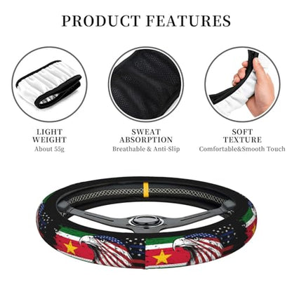Suriname Surinamese Flag America Eagle Breathable Neoprene Steering Wheel Cover - Anti-Slip Floral Design Universal Fit for Cars/Trucks/Suvs (14.5"-15" Inch) - color: Suriname Surinamese Flag America Eagle