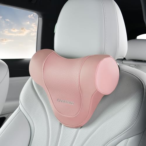 Coverado Car Headrest Pillow, Ergonomic Memory Foam Car Neck Pillow for Driving Seat with Adjustable Strap, Soft PU Leather Breathable Removable Cover Neck Support for Neck Pain Relief, Pink - color: Pink, size: Headrest Pillow