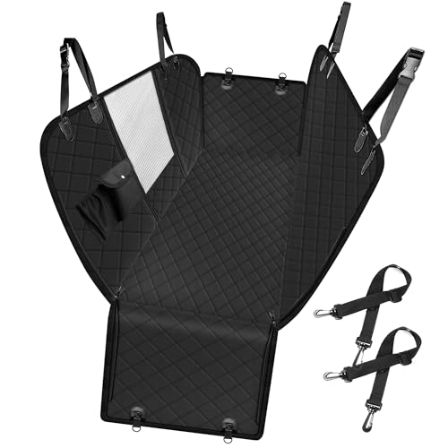 Dog Car Seat Cover, Waterproof Nonslip Pet Seat Cover for Back Seat with Storage Pockets Mesh Visual Window, Scratch Proof Pet Dog Seat Cover Hammock for Cars Trucks and SUVs, XL-Black