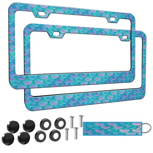 2pcs Blue Fish Scale patternt License Plate Frame for Women, Mermaid Fish Scale car Decorative tag Frames Girly, Blue Scales License Plate Cover Holder for Vehicle with Double Sided car Keychain tag - color: for blue fish scale patternt, size: 2pcs