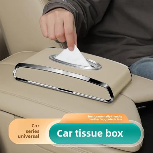 Faux Leather Car Tissue Holder for Interior, Multi-Function Tissue Box, Armrest & Back Seat Tissue Organizer, Sleek Kleenex Holder (Beige Flat)