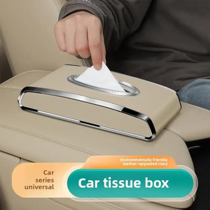 Faux Leather Car Tissue Holder for Interior, Multi-Function Tissue Box, Armrest & Back Seat Tissue Organizer, Sleek Kleenex Holder (Beige Flat)