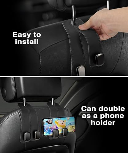 Car Hooks for Headrest, 2Pcs Seat Back Storage Hook Luxurious Leather 100% Metal Multifunctional Car Hanger & Holder for Heatrest, Seat, Bag, Purse (Black) - color: BLACK 2Pack