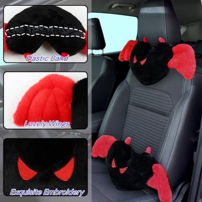Sexysamba 2 Pcs Heart Shaped Car Headrest Pillow Devil & Angel Wings Neck Pillow Cute Car Seat Decor Neck Support Cushions for Travel Sleeping, Driving, Home, Office, Black Devil