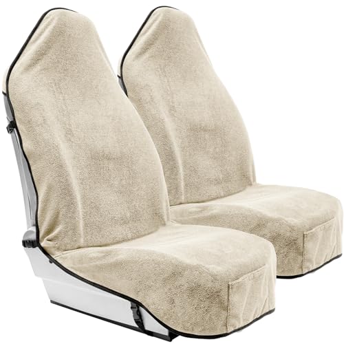 Season Guard Towel Seat Cover, Waterproof Car Seat Protectors for Gym, Workout & Active Lifestyle, Universal Fit for Car SUV Truck Van, Non-Slip 3 Strap Design, Machine Washable, 2 Pack Tan