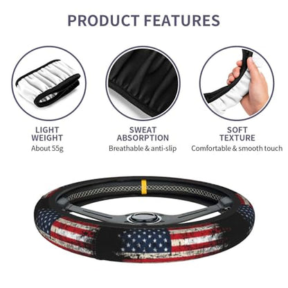 American Flag Steering Wheel Cover Elastic Non-Slip Car Steering Wheel Covers with Seat Belt Shoulder Pad for Women Men - color: American Flag