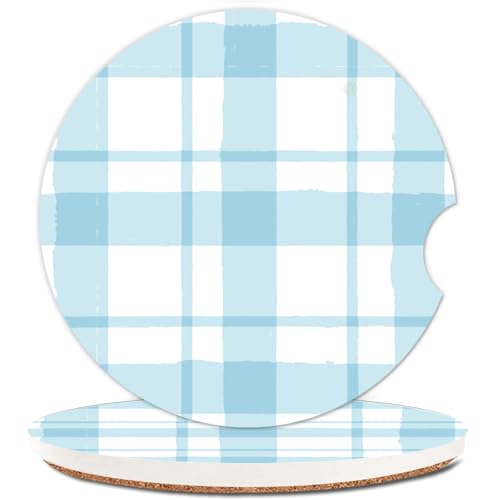 2 Pack Absorbent Car Coasters for Cup Holders,Ceramic Coasters with Cork Back and Finger Slot,2.56" Cupholder Accessories to Keep Your Car Cup Holders Clean and Dry(Blue Plaid) - color: Blue Plaid