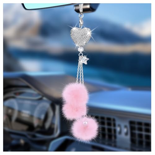 Bling Car Hanging Ornament, Bling Car Mirror Accessories for Women, Diamond Heart and Fuzzy Plush Ball, Car Accessories Hanging, Rear View Mirror Hanging Charm Pendant (White Heart, Pink Fluff)