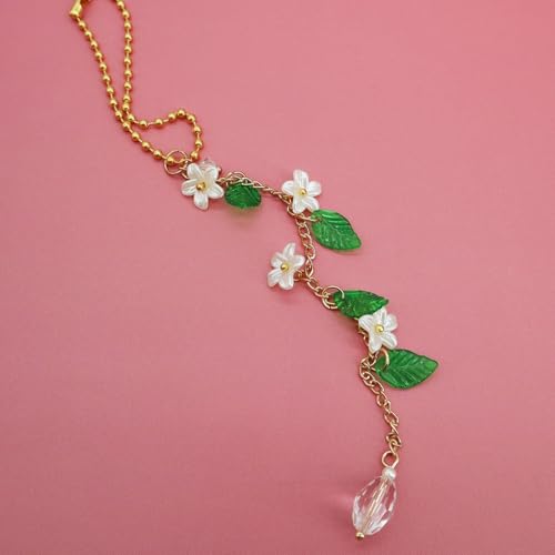 CASONA Jasmine Flower Car Mirror Charm,Cute Rearview Mirror Accessory for Women,Gold Chain with Acrylic Flowers & Green Leaves,Floral Car Decor Gift Aesthetic