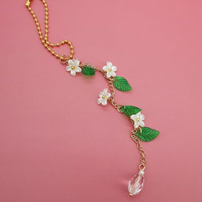 CASONA Jasmine Flower Car Mirror Charm,Cute Rearview Mirror Accessory for Women,Gold Chain with Acrylic Flowers & Green Leaves,Floral Car Decor Gift Aesthetic