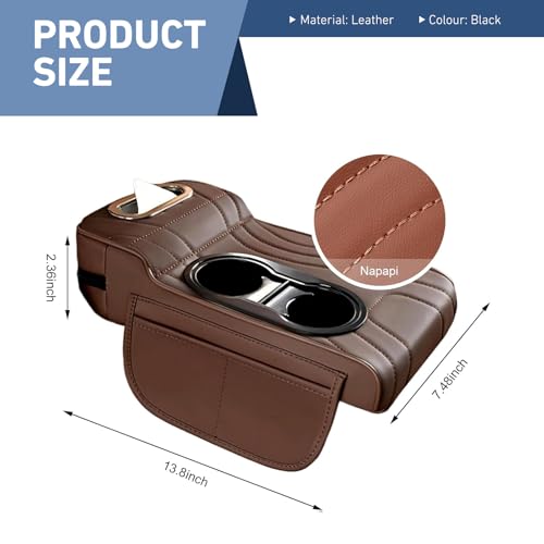 Car Armrest Cushion, Leather Center Console Cover Protector, Multifunctional Storage Pad with Dual Cup Holder, Tissue Box & Side Card Slot, Universal for Most Cars (Coffee) - color: Coffee