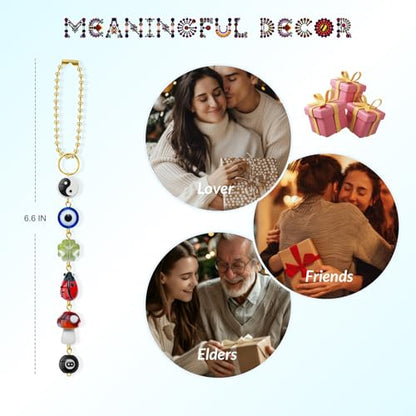 Evil Eye Car Hanging Ornament, Cute Car Charm for Rear View Mirror, Good Luck Decor with Four-Leaf Clover, Ladybug, 8 Ball, Mushroom, Yin Yang Symbo, and Boho Car Accessories