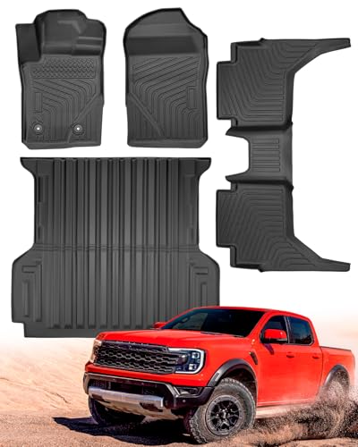Car 5FT Bed Liner & Floor Mats for Ford Ranger SuperCrew Cab: 2026 2025 2024 All-Weather Mats Full Set for Ford Raptor with 5ft Trunk Bedmat, Anti-Slip Waterproof Protection Truck Accessories