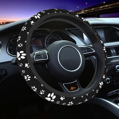 Black and White Dog Cat Paw Print Steering Wheel Cover for Women Men with 2 Pcs Car Coasters, 15 Inches Neoprene Anti-Slip Cute Universal Car Accessories Protective Cover for Vehicle - color: Black And White Paw Print