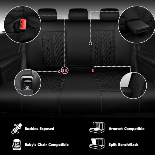CAR PASS Neoprene Waterproof Seat Covers Full Sets, Wetsuit Car Seat Covers 5 Seats Universal Fit for Vans, Truck, SUV, 3D Tyre Embossed Seat Covers Anti Slip with Armrests, Aibag Compatible(Black) - color: Black Solid, size: Full sets