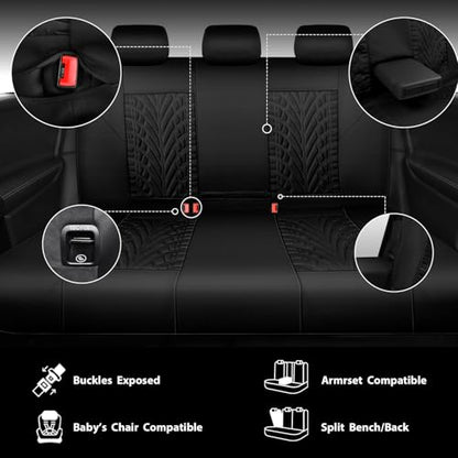 CAR PASS Neoprene Waterproof Seat Covers Full Sets, Wetsuit Car Seat Covers 5 Seats Universal Fit for Vans, Truck, SUV, 3D Tyre Embossed Seat Covers Anti Slip with Armrests, Aibag Compatible(Black) - color: Black Solid, size: Full sets