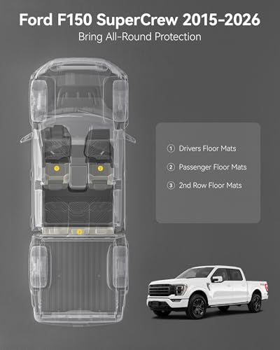 3W Floor Mats for Ford F-150 2015-2025 2026 & F150 Lightning 2022-2025 SuperCrew (w/o Fold Flat Storage), TPE All Weather Custom Fit, Front & Rear 3PCS | Heavy Duty, Easy Clean - Black - size: 1.F150 2015-2026 Floor Mats w/o Storage