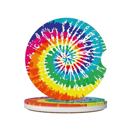 Tie Dye Neon Colourful Car Cup Holder Coasters 2 Pack Universal 2.63 Inch Anti Slip Ceramic Absorbent Coaster with Cork Base and Finger Notch Cute Car Accessories Interior for Women - color: Multicolor