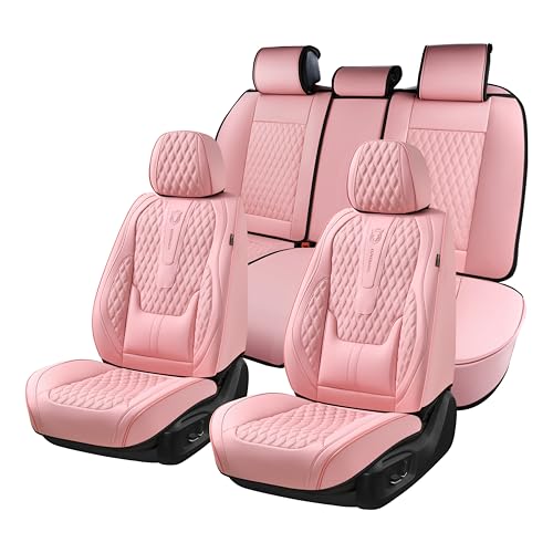 Coverado Seat Covers Full Set, Pink Car Seat Covers, Waterproof Car Seat Cover with Lumbar Support, Leather Car Seat Cushion Protector, Car Seat Covers Universal Fit Most Cars - color: A/Pink, size: FullSet