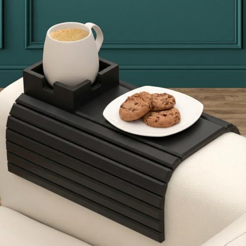 Bamboo Couch Holder - Non-Slip Furniture Protector, Sofa Armrest Table for Mugs & Tumblers – Weighted 16” Large Black Bamboo Holder for Recliners and Loveseats - color: Black
