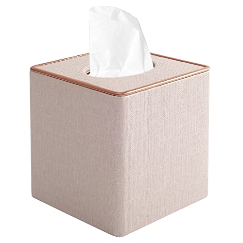 Tissue Box Cover Square Tissue Box Holder PU Leather Facial Organizer with Magnetic Bottom,Decorative Napkin Caddy for Vanity Dresser Night Stand Table Countertop Home Office Car,Beige - color: Linen Texture Beige