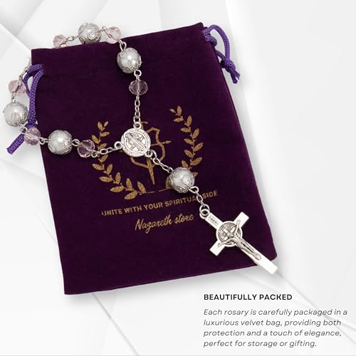 One Decade Car Rosary with St. Benedict Medal Catholic Auto Rear View Mirror Charm Pink Glass Beads Spiritual Protection Pendant Religious Car Accessories for Men and Women - color: Pink