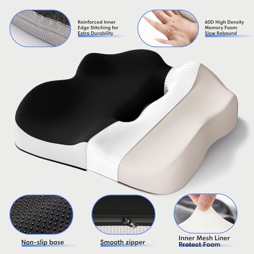 Memory Foam Seat Cushion for Office Chairs, Car Seat, Wheelchair, Desk Chair Pad - Extra Large Ergonomic Sciatica Coccyx & Tailbone Pain Relief Back Support Pillow for Long Sitting & Driving