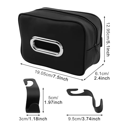 Car Tissue Box Holder, Backseat Rectangular Napkin Holder with 4 Hooks, Small 7.5in PU Leather Napkin Organizer with Metal Ring for Easy Pulling, Fits Headrest, Dashboard & Sun Visor(Color:Black)