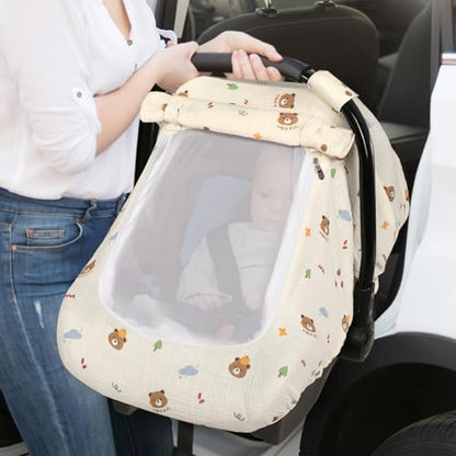 Muslin Car Seat Cover Baby - Breathable and Privacy Car Seat Canopy with 3 Modes - Easy Install & Gift Box Packaging, Universal Fit for Infant Car Seats, Bear