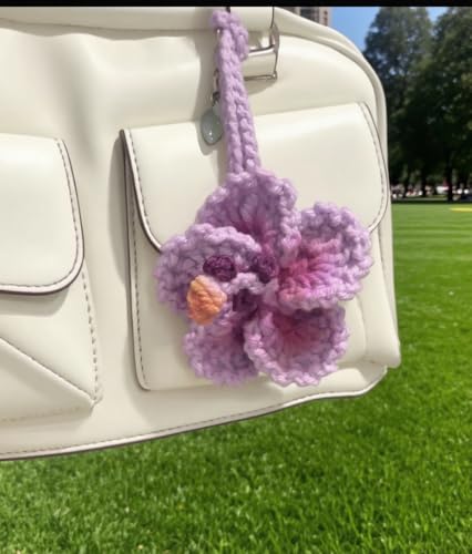 Hibiscus Flower Car Hanging Ornament,Crochet Hawaiian Tropical Flowers Bag Charms Decor Car Rear View Mirror Beach Accessories (Purple) - color: Purple