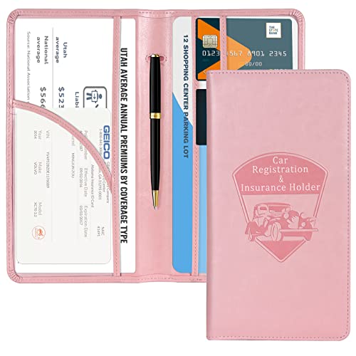 CoBak Car Registration and Insurance Holder - Vehicle Glove Box Car Organizer, Auto Truck Comparment Accessories Case with Magnetic Closure for Essential Document, Driver License, Cards - color: A-Pink