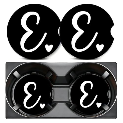 2PCS Letter E Car Cup Holder Coasters,Simple Initial Car Coasters Cars Accessories Interior Decor Universal Neoprene 2.75" Anti-Slip Rubber Mat with Finger Slot,Monogram Gifts for Women, Men, Driver - color: Initial E