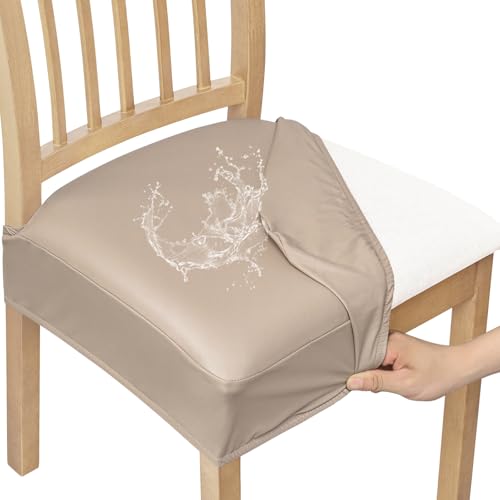 Smiry Waterproof Pu Leather Seat Covers for Dining Room Chairs Set of 4, Stretch Fit Removable Washable Kitchen Chair Seat Slipcovers Protector, No Rear Covers, Taupe