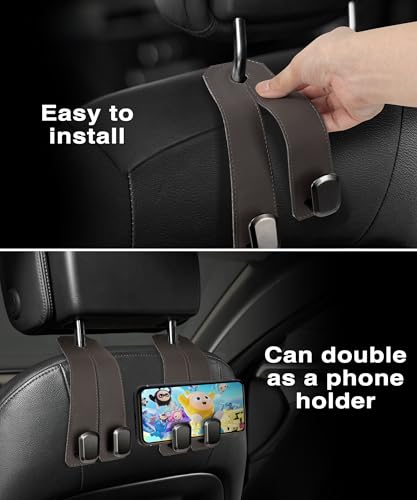 Luxurious Leather Car Purse Holder Hooks - 2PCS Multifunctional Headrest Hangers for Seat Back Storage (Brown) - color: BROWN 2Pack