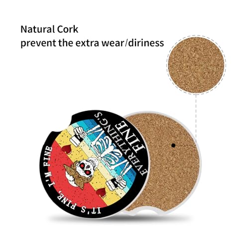Funny Skull with Coffee Ceramic Cup Holders Car Coasters Set for Women/Men,2.56" 2 Pack for Absorbent Cup Car Holders, Coasters with A Finger Notch - color: Funny Skull With Coffee