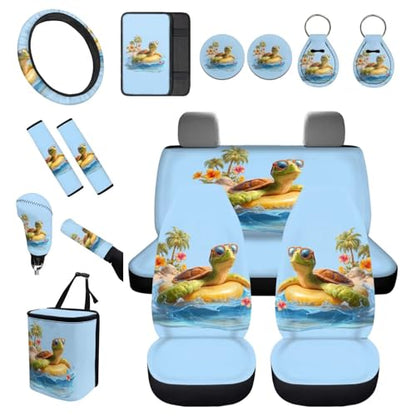 Forchrinse 15Pack Car Accessories Set Hawaiian Sea Turtle Car Seat Cover Full Set+Steering Wheel Cover+Car Trash Can+Seatbelt Cover+Coaster+Keychain - color: Hawaiian Sea Turtle Print