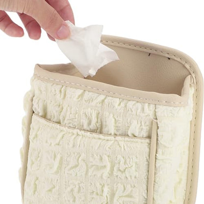 Car Trash Can Portable and Hanging 6.3" Length 3.9" Width 7.1" Height Trash Bin Fabric Beige White 1 Pcs - color: Beige White