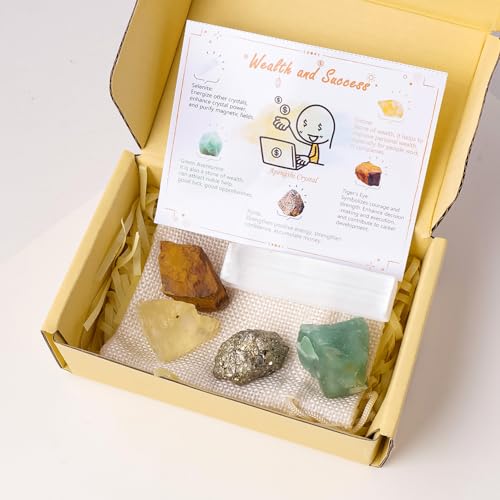 Apengshi Protection Crystals Stones Set Christmas Gifts for Wealth and Success,Crystal Set of 5 Pieces Stone,Citrine,Tiger's Eye,Pyrite,Green Aventurine and Selenite Healing Crystal Stones Pyrite - color: Wealth and Success