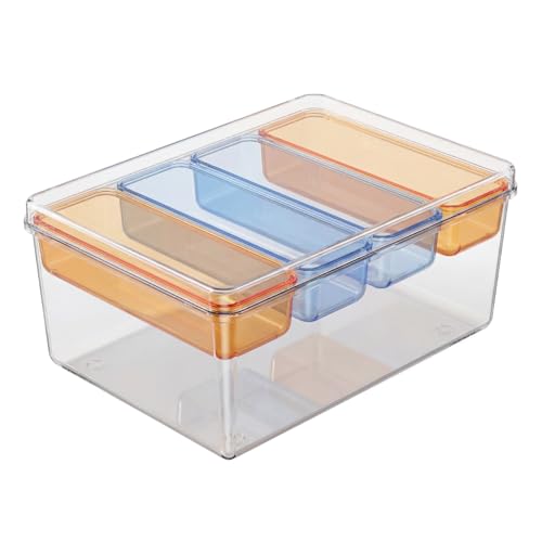 MOSSRIVER 5 Pack Clear Drawer Organizer Set, Plastic Desk Organizer Bin with Lid & Trays, Colorful Storage Box with Removable Trays for Cosmetics, Jewelry, Bedroom, Bathroom, Office, Combo 08 - color: Color 08