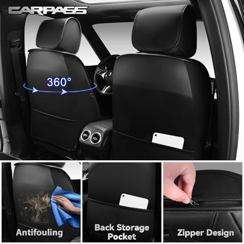 CAR PASS Luxury Nappa Leather Car Seat Covers Full Set, 3D Rhombus Waterproof Premium Leather Seat Covers, Universal Automotive Seat Cushion Fit for Sedan SUV Truck Van, Airbag Compatible Solid Black - color: Black