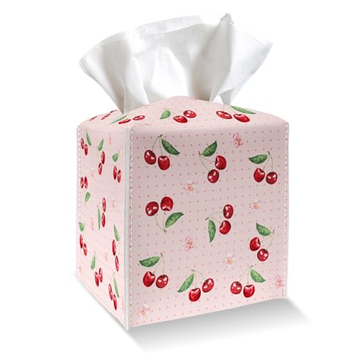 Tissue Box Cover Holder - Pink Polka Dot PU Leather Tissue Box Cover with Bottom Belt, Cherries and Blossom Square Facial Paper Dispenser for Tabletop, Bathroom, Kitchen, Car & Office -037 - color: Pink Polka Dot