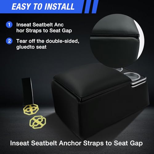 Universal Truck Seat Organizer with Cup Holders, Rear Bench Seat Center Consoles with Armrest Middle Storage Box, Padded Top Lid for Armrest, Black