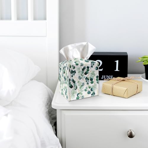 Tissue Box Cover Holder - Eucalyptus Leaves PU Leather Tissue Box Cover with Bottom Belt, Square Facial Paper Organizer for Tabletop, Bathroom, Kitchen, Car & Office -044 - color: Eucalyptus Leaves