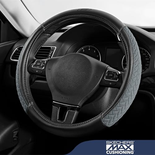 Skechers Steering Wheel Cover,Max Cushioning Leather Steering Wheel Cover Universal Fit 14" 1/2-15" Car Wheel Protector for Men Women Fit Suvs,Vans,Sedans,Car,Trucks,Gray