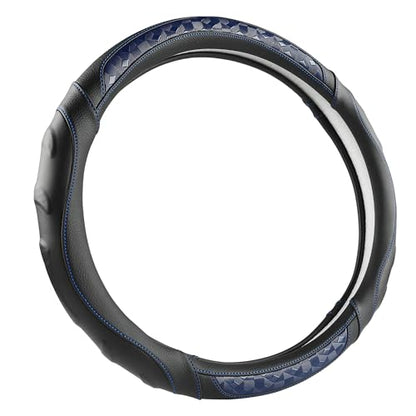 Black Seal Custom-Fit Steering Wheel Cover for Ford F-150, F-250, F-350, Expedition, 15.5–16", Anti-Slip PU Leather (Black+Blue) - color: Black+Blue